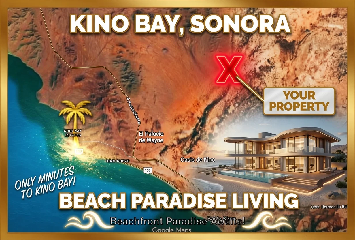 Map of Kino Bay, Sonora showing the property location relative to Kino Bay Estates and the beach